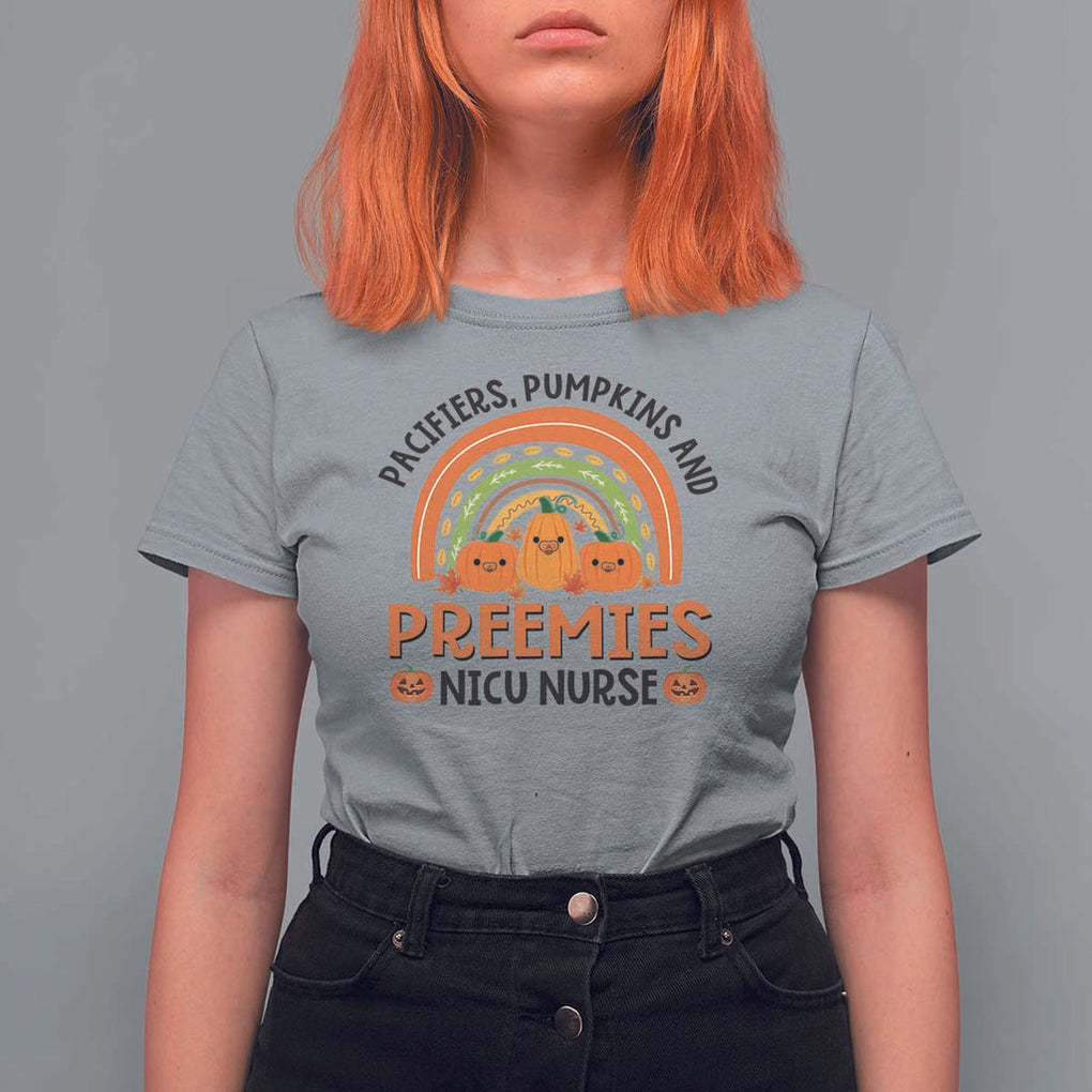 Halloween Nurse T Shirt For Women Pacifiers Pumpkins And Preemies Baby Pumpkin Rainbow Fall Season TS11 Sport Gray Print Your Wear