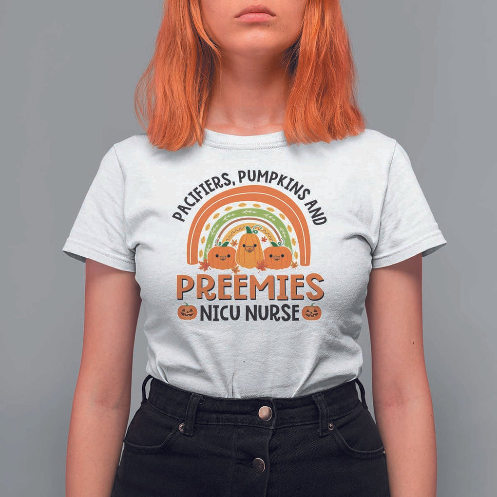 Halloween Nurse T Shirt For Women Pacifiers Pumpkins And Preemies Baby Pumpkin Rainbow Fall Season TS11 White Print Your Wear