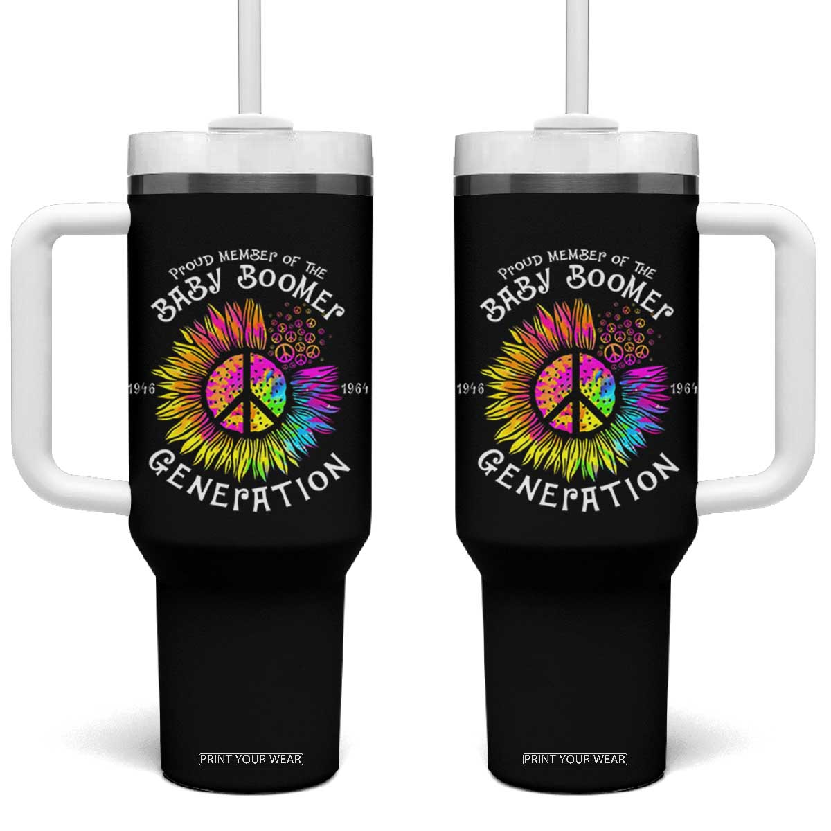 Proud Member Of The Baby Boomer Generation Tumbler With Handle Hippie Sunflower - Print Your Wear