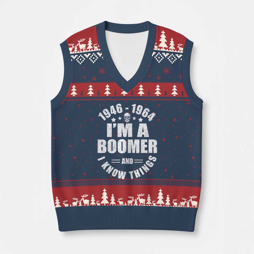 Funny I Am A Boomer And I Know Things V-Neck Knit Sweater Vest Baby Boomer Generation TS11 Navy Red Print Your Wear