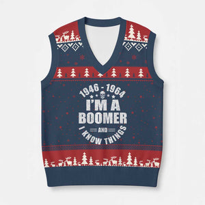 Funny I Am A Boomer And I Know Things V-Neck Knit Sweater Vest Baby Boomer Generation TS11 Navy Red Print Your Wear