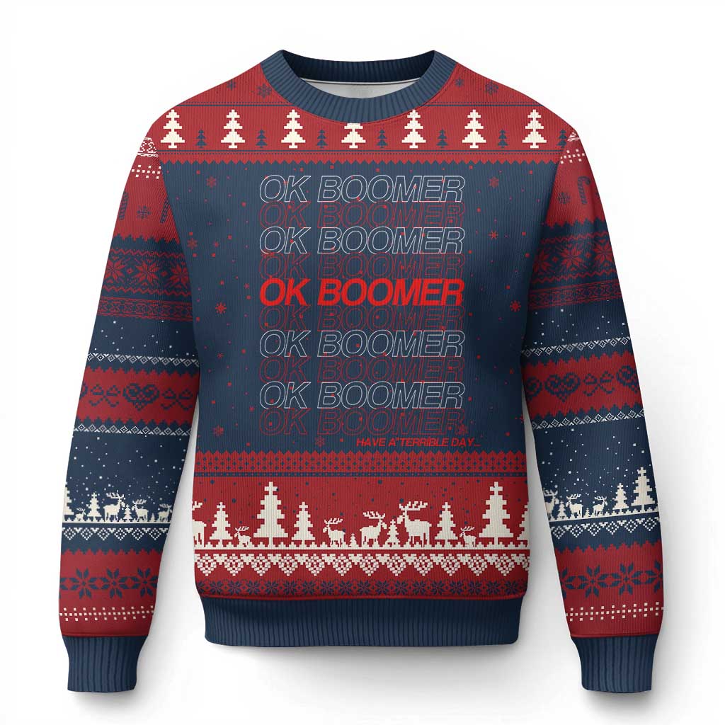 Funny OK Boomer Ugly Christmas Sweater Gen Z Millennials Generation Meme Joke TS11 Navy Red Print Your Wear