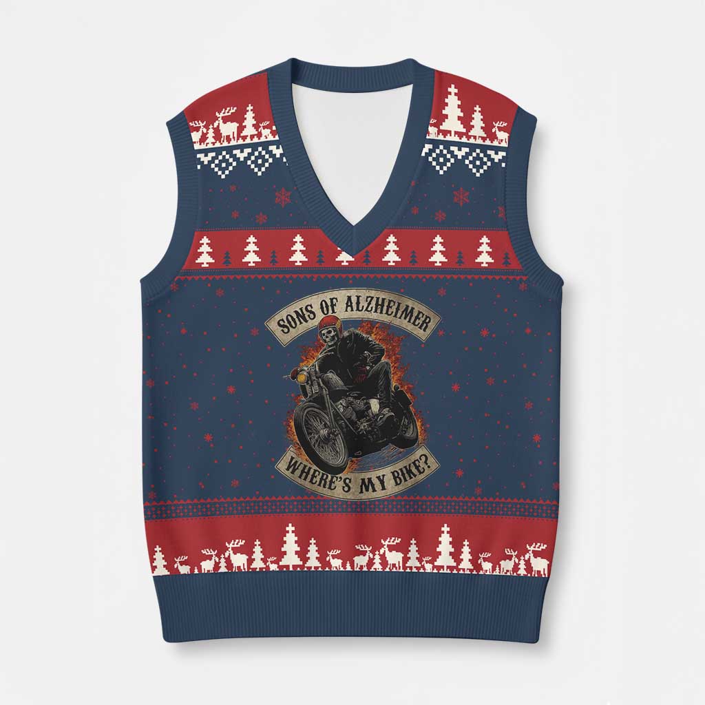 Funny Grumpy Old Biker V-Neck Knit Sweater Vest Sons Of Alzheimer Where Is My Bike TS11 Navy Red Print Your Wear