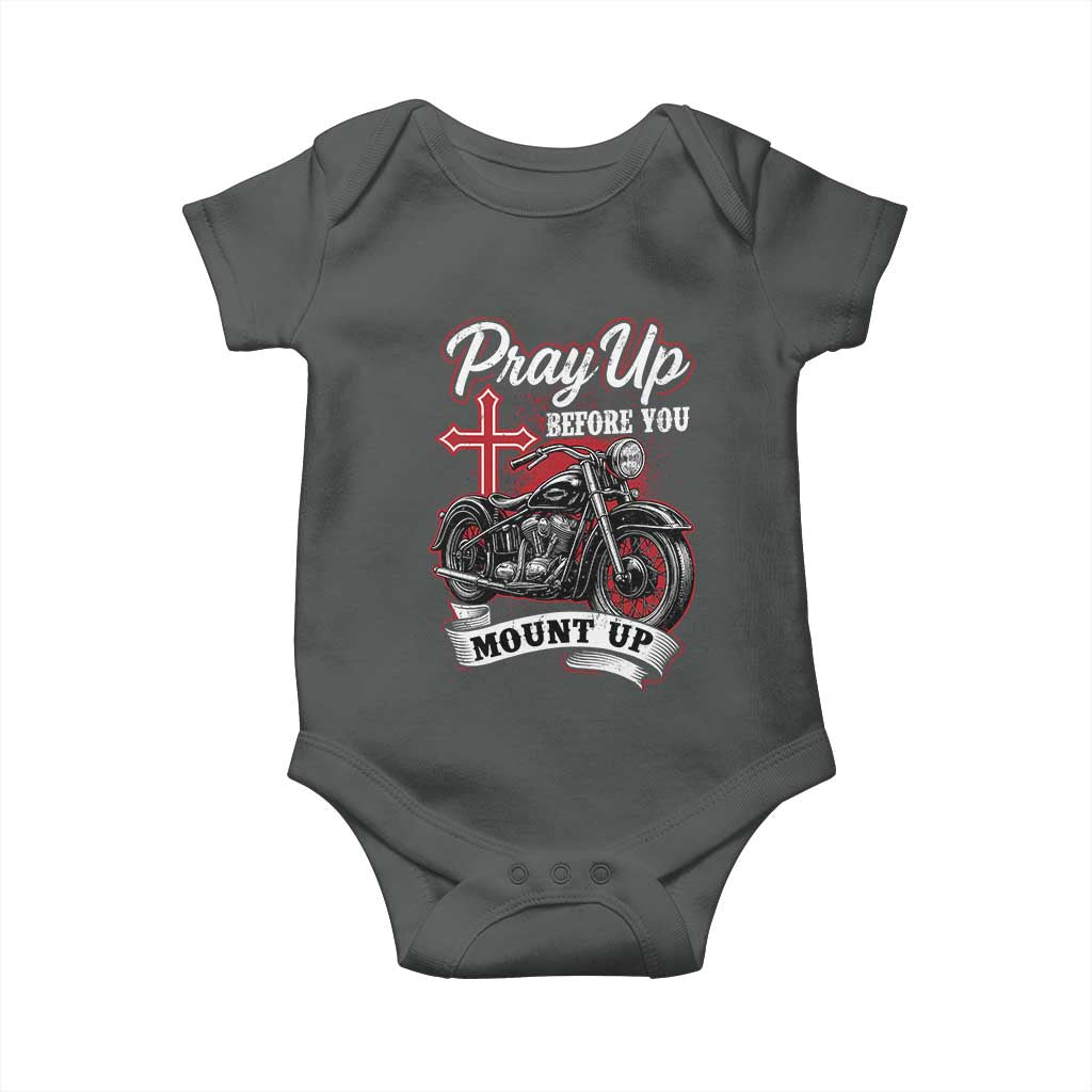Pray Up Before You Mount Up Baby Onesie Christian Biker Religious Faith TS11 Dark Heather Print Your Wear