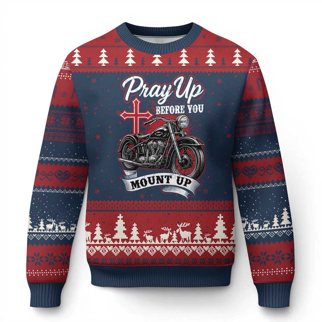 Pray Up Before You Mount Up Ugly Christmas Sweater Christian Biker Religious Faith TS11 Navy Red Print Your Wear