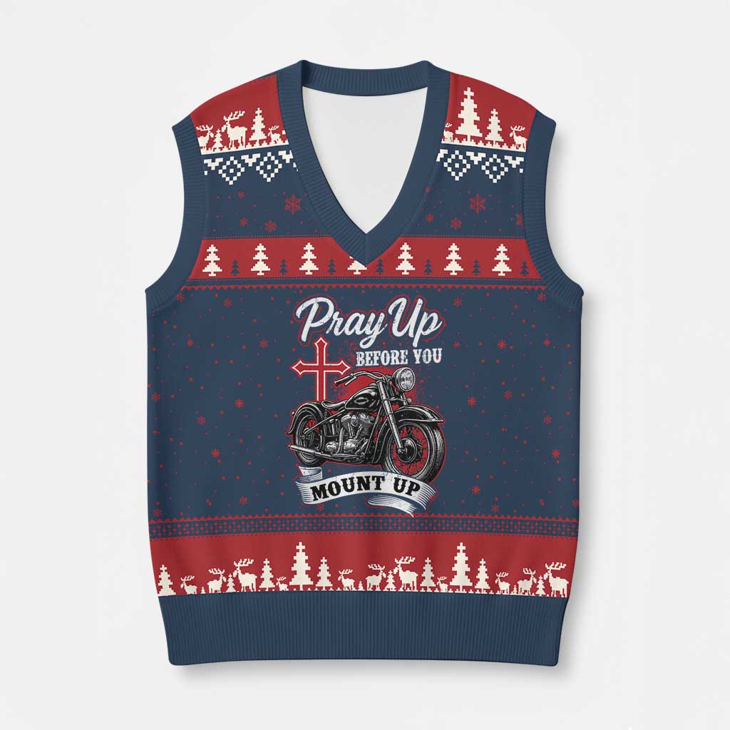 Pray Up Before You Mount Up V-Neck Knit Sweater Vest Christian Biker Religious Faith TS11 Navy Red Print Your Wear