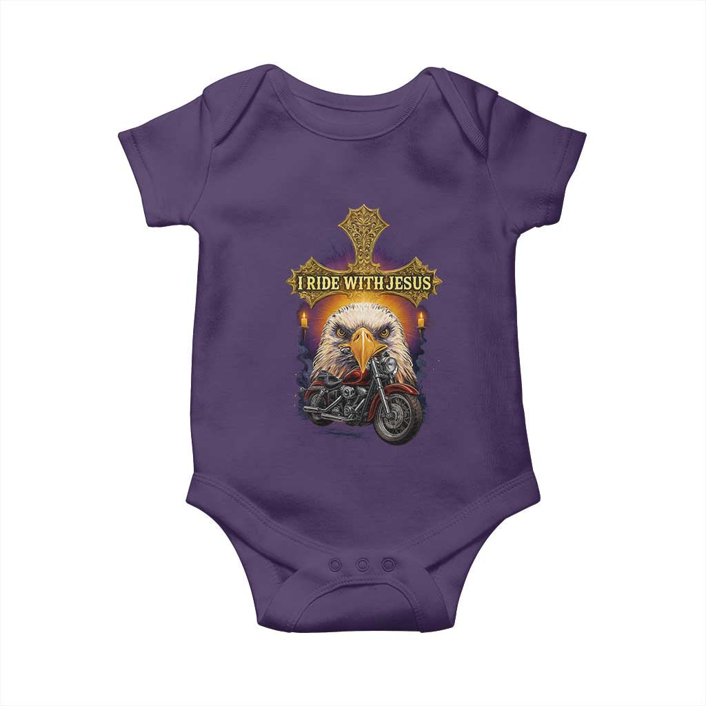 Christian Biker I Ride With Jesus Baby Onesie Religious Faith Motorcycle Rider Eagle TS11 Purple Print Your Wear