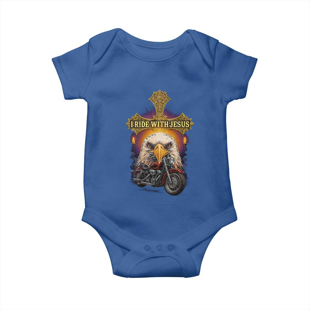 Christian Biker I Ride With Jesus Baby Onesie Religious Faith Motorcycle Rider Eagle TS11 Royal Blue Print Your Wear