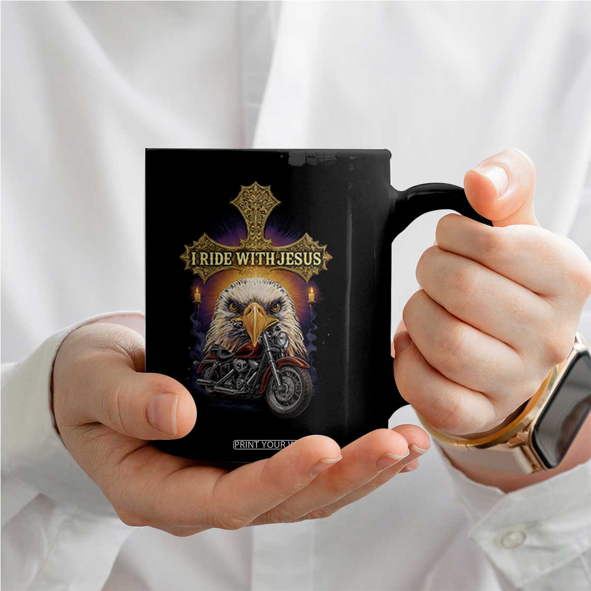 Christian Biker I Ride With Jesus Coffee Mug Religious Faith Motorcycle Rider Eagle TS11 Print Your Wear