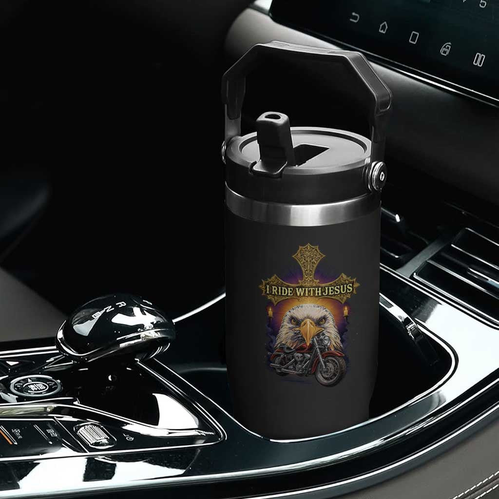 Christian Biker I Ride With Jesus Flip Straw Tumbler Religious Faith Motorcycle Rider Eagle TS11 Print Your Wear