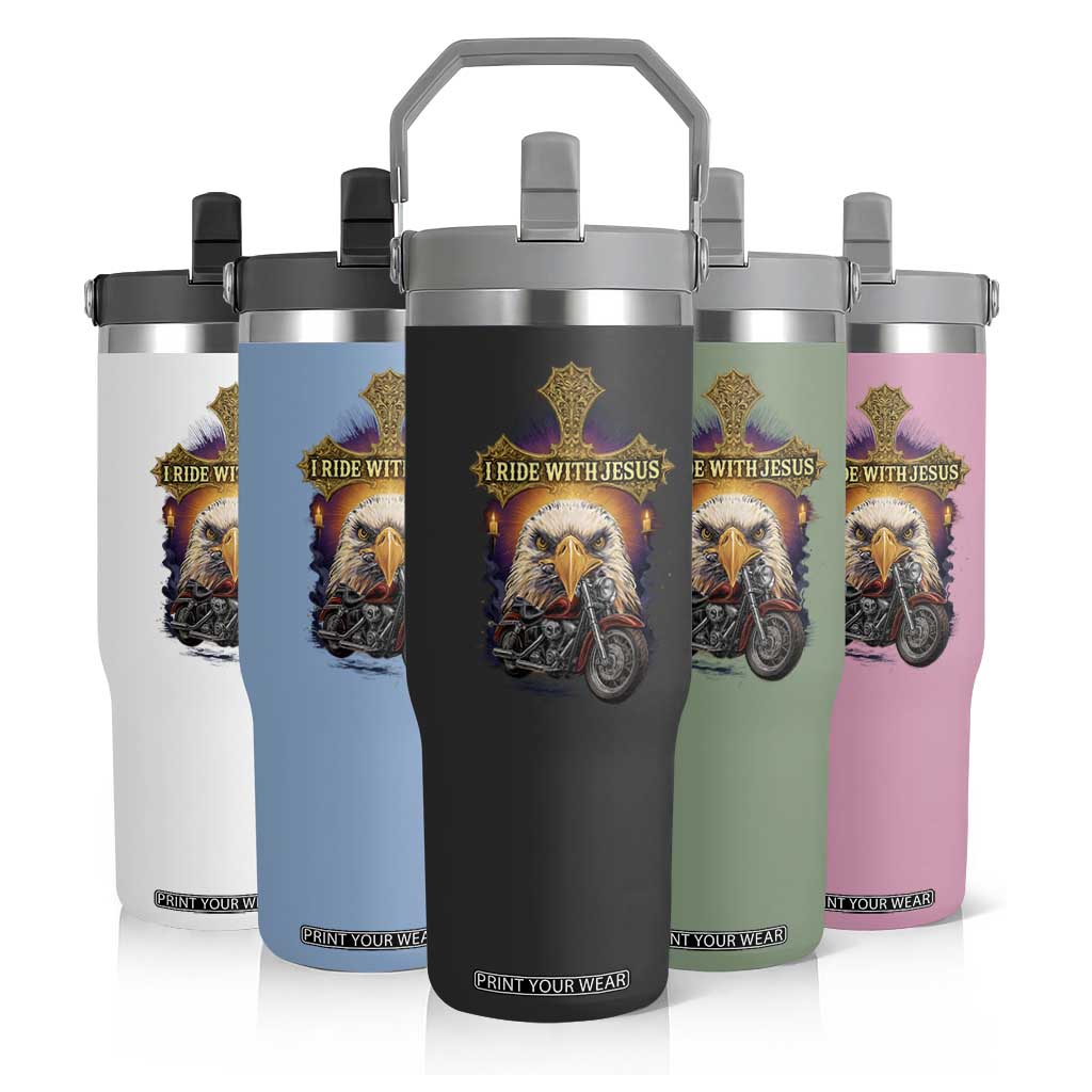 Christian Biker I Ride With Jesus Flip Straw Tumbler Religious Faith Motorcycle Rider Eagle TS11 Print Your Wear