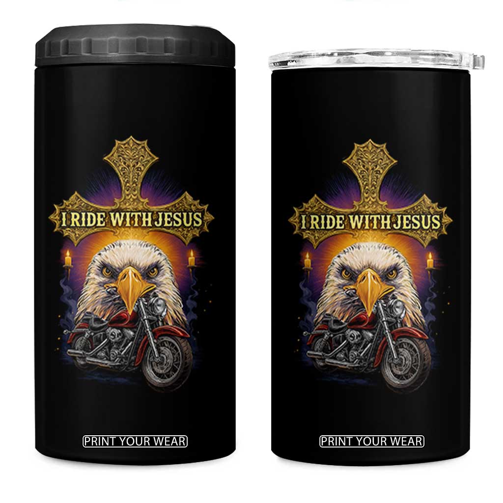 Christian Biker I Ride With Jesus 4 in 1 Can Cooler Tumbler Religious Faith Motorcycle Rider Eagle TS11 One Size: 16 oz Black Print Your Wear