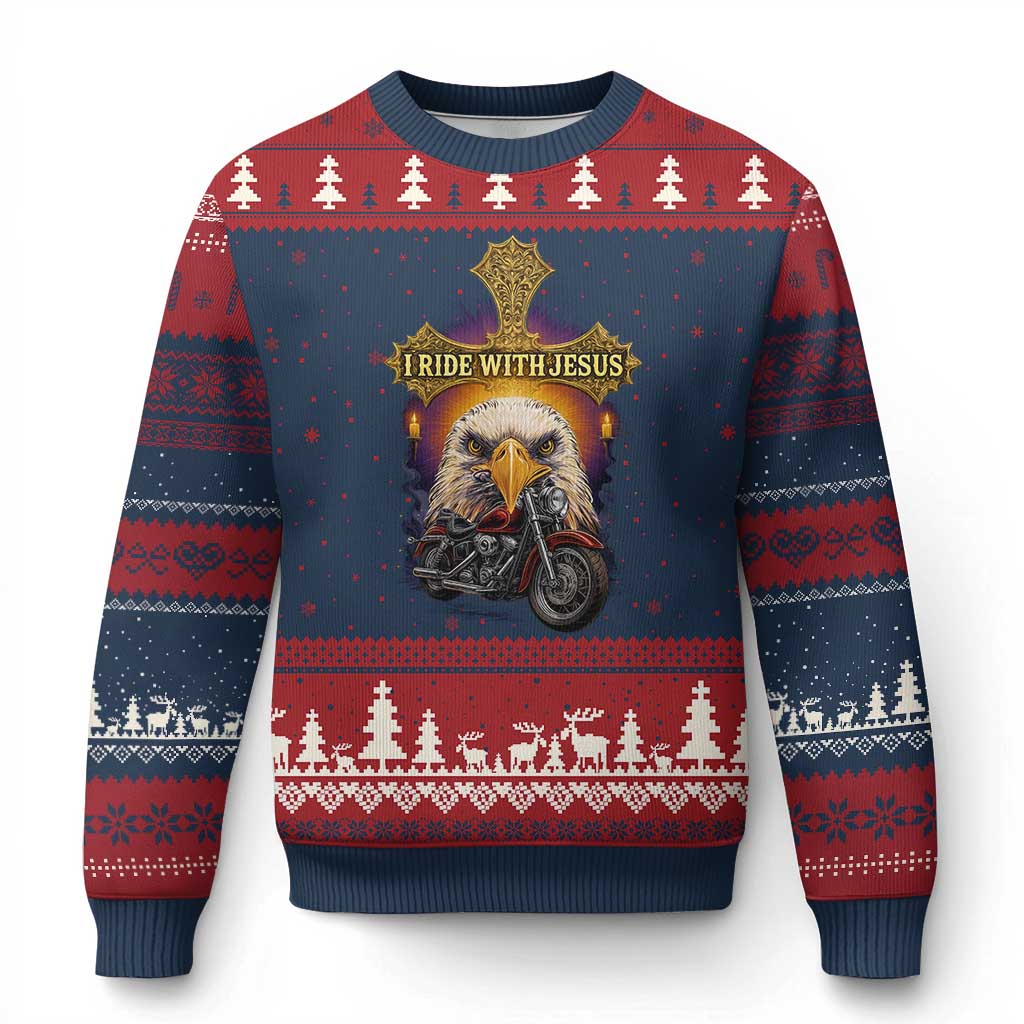 Christian Biker I Ride With Jesus Ugly Christmas Sweater Religious Faith Motorcycle Rider Eagle TS11 Navy Red Print Your Wear