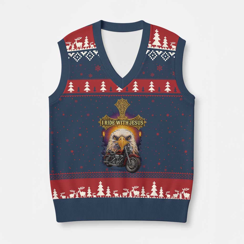Christian Biker I Ride With Jesus V-Neck Knit Sweater Vest Religious Faith Motorcycle Rider Eagle TS11 Navy Red Print Your Wear