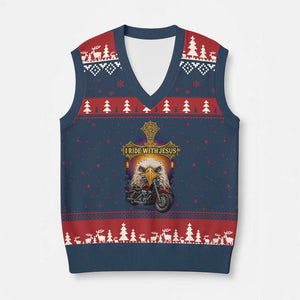 Christian Biker I Ride With Jesus V-Neck Knit Sweater Vest Religious Faith Motorcycle Rider Eagle TS11 Navy Red Print Your Wear