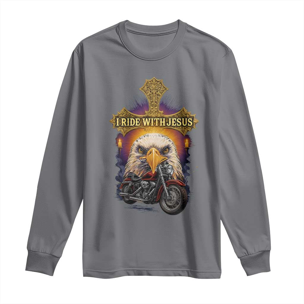 Christian Biker I Ride With Jesus Long Sleeve Shirt Religious Faith Motorcycle Rider Eagle TS11 Charcoal Print Your Wear