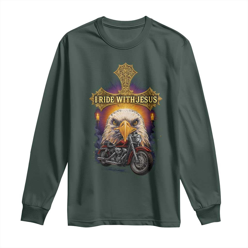 Christian Biker I Ride With Jesus Long Sleeve Shirt Religious Faith Motorcycle Rider Eagle TS11 Dark Forest Green Print Your Wear