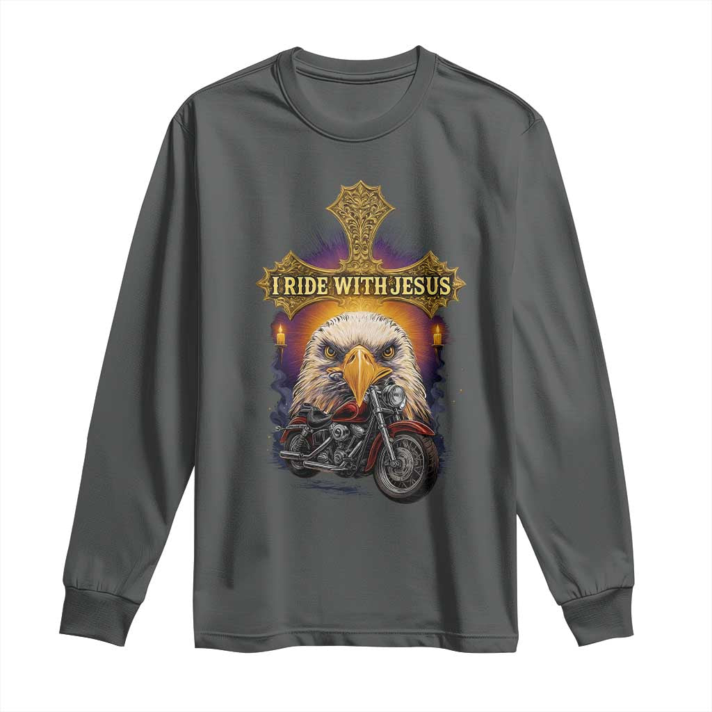 Christian Biker I Ride With Jesus Long Sleeve Shirt Religious Faith Motorcycle Rider Eagle TS11 Dark Heather Print Your Wear