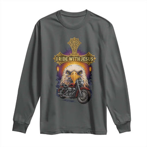 Christian Biker I Ride With Jesus Long Sleeve Shirt Religious Faith Motorcycle Rider Eagle TS11 Dark Heather Print Your Wear