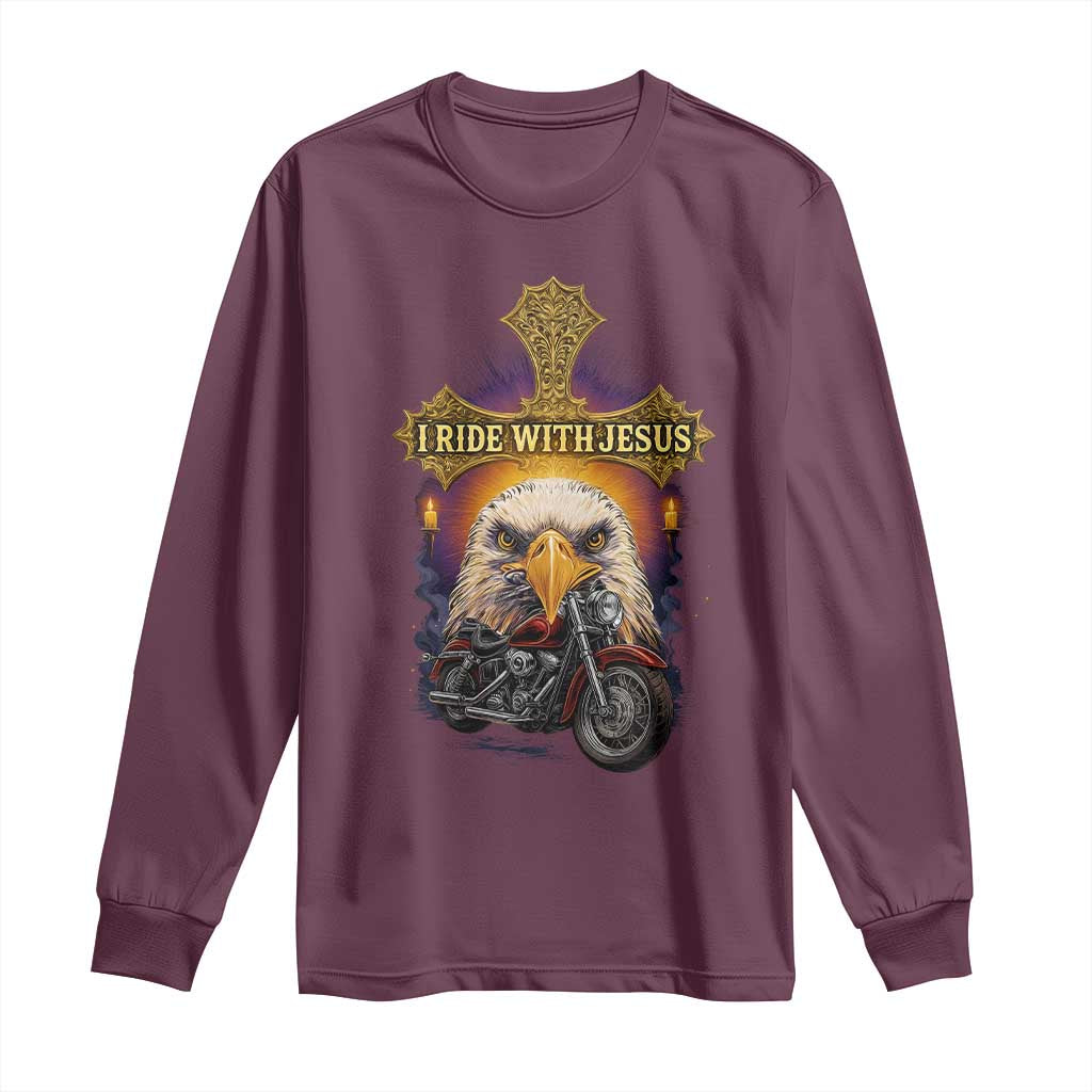 Christian Biker I Ride With Jesus Long Sleeve Shirt Religious Faith Motorcycle Rider Eagle TS11 Maroon Print Your Wear