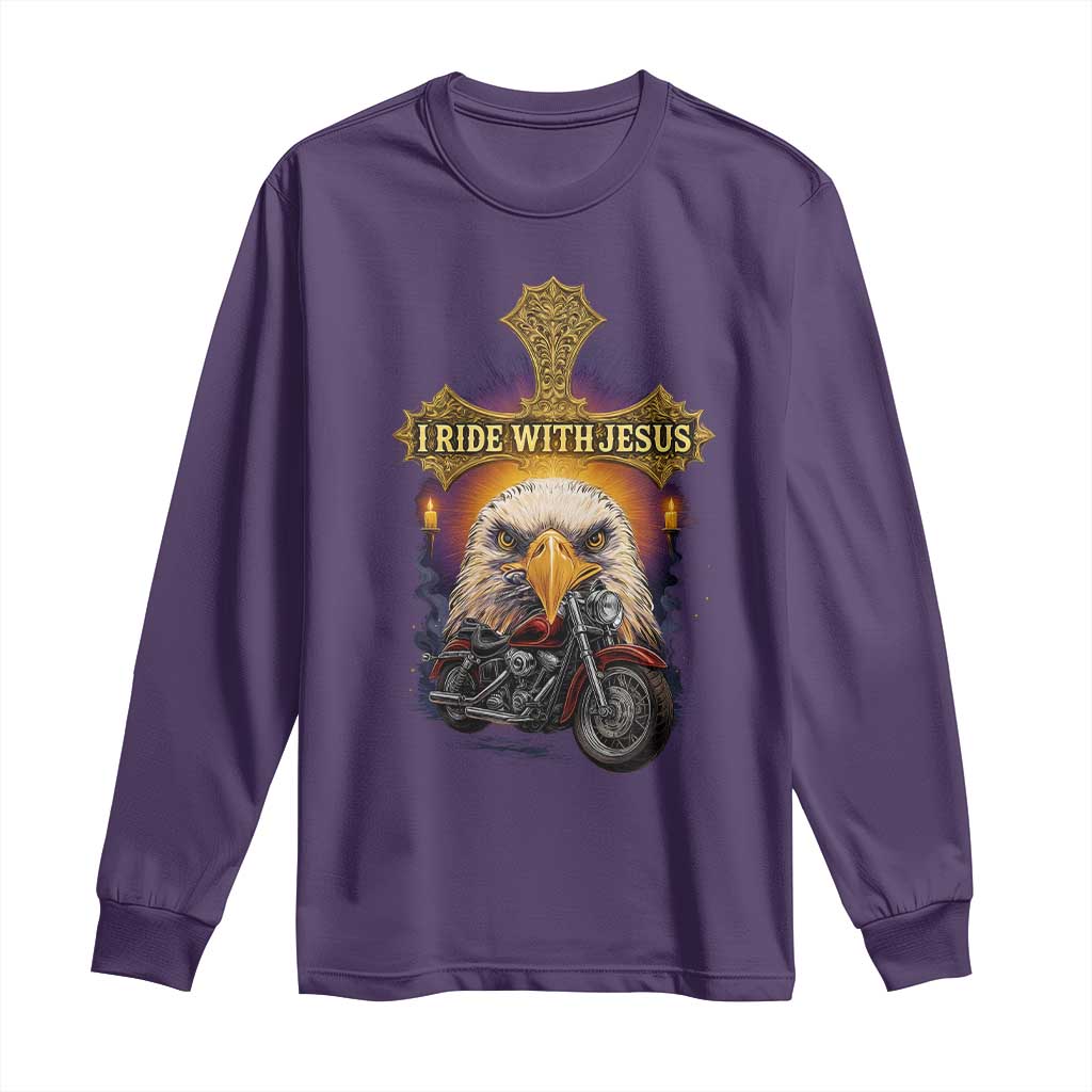 Christian Biker I Ride With Jesus Long Sleeve Shirt Religious Faith Motorcycle Rider Eagle TS11 Purple Print Your Wear
