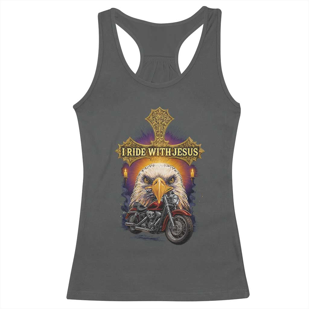 Christian Biker I Ride With Jesus Racerback Tank Top Religious Faith Motorcycle Rider Eagle TS11 Dark Heather Print Your Wear