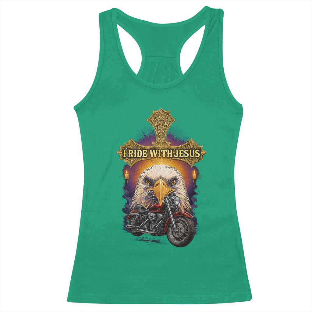 Christian Biker I Ride With Jesus Racerback Tank Top Religious Faith Motorcycle Rider Eagle TS11 Irish Green Print Your Wear