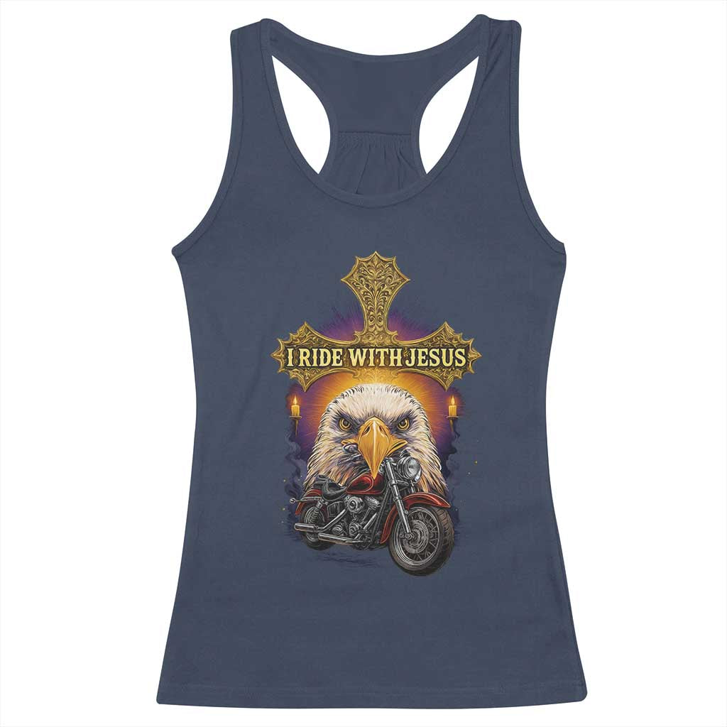 Christian Biker I Ride With Jesus Racerback Tank Top Religious Faith Motorcycle Rider Eagle TS11 Navy Print Your Wear