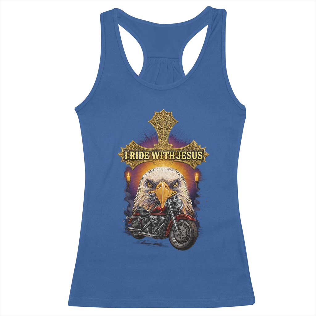 Christian Biker I Ride With Jesus Racerback Tank Top Religious Faith Motorcycle Rider Eagle TS11 Royal Blue Print Your Wear