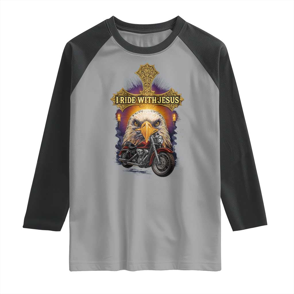 Christian Biker I Ride With Jesus Raglan Shirt Religious Faith Motorcycle Rider Eagle TS11 Sport Gray Black Print Your Wear