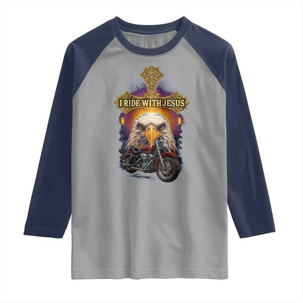 Christian Biker I Ride With Jesus Raglan Shirt Religious Faith Motorcycle Rider Eagle TS11 Sport Gray Navy Print Your Wear