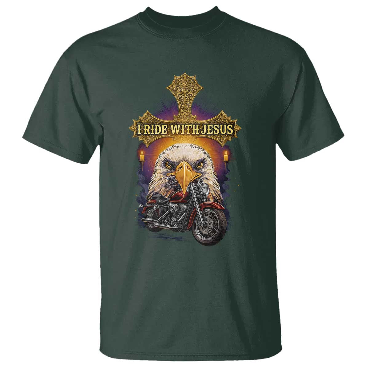 Christian Biker I Ride With Jesus T Shirt Religious Faith Motorcycle Rider Eagle TS11 Dark Forest Green Print Your Wear