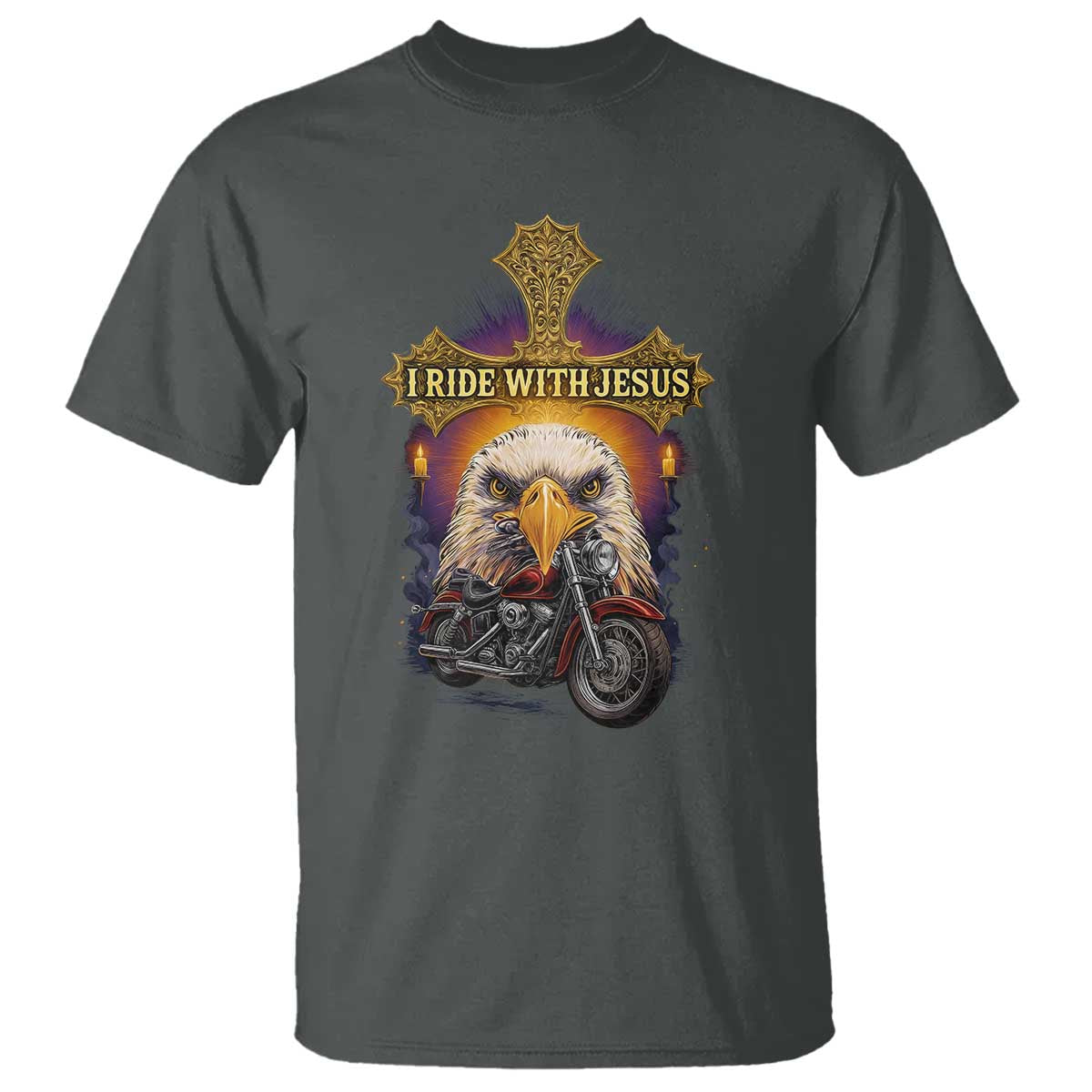 Christian Biker I Ride With Jesus T Shirt Religious Faith Motorcycle Rider Eagle TS11 Dark Heather Print Your Wear