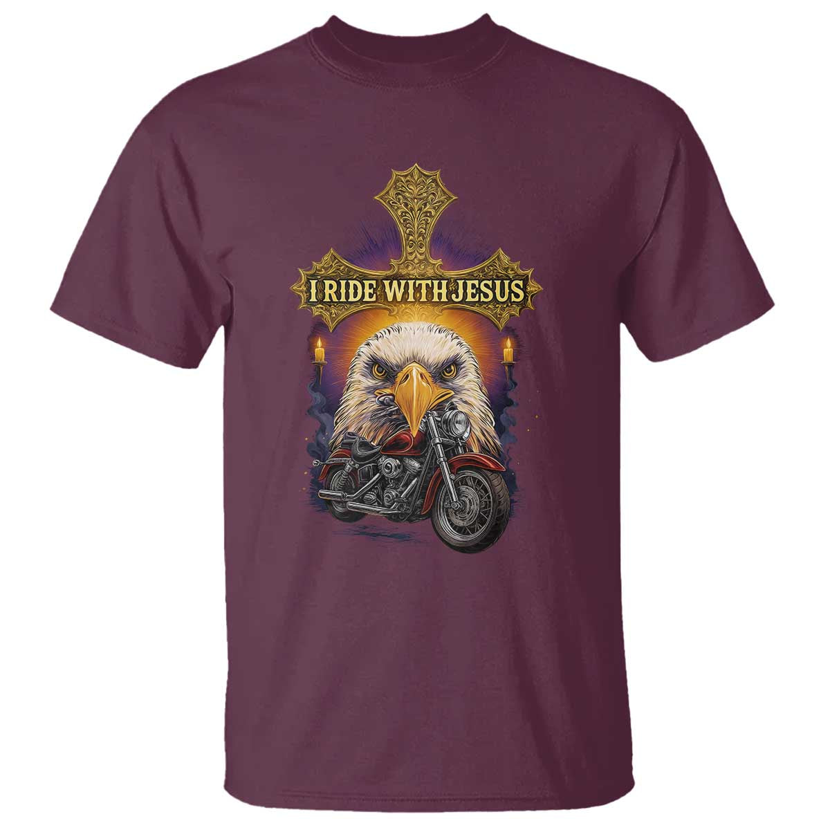 Christian Biker I Ride With Jesus T Shirt Religious Faith Motorcycle Rider Eagle TS11 Maroon Print Your Wear