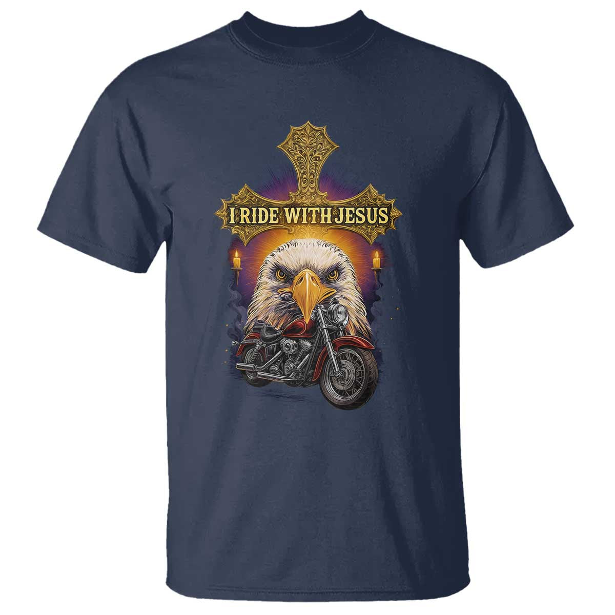 Christian Biker I Ride With Jesus T Shirt Religious Faith Motorcycle Rider Eagle TS11 Navy Print Your Wear
