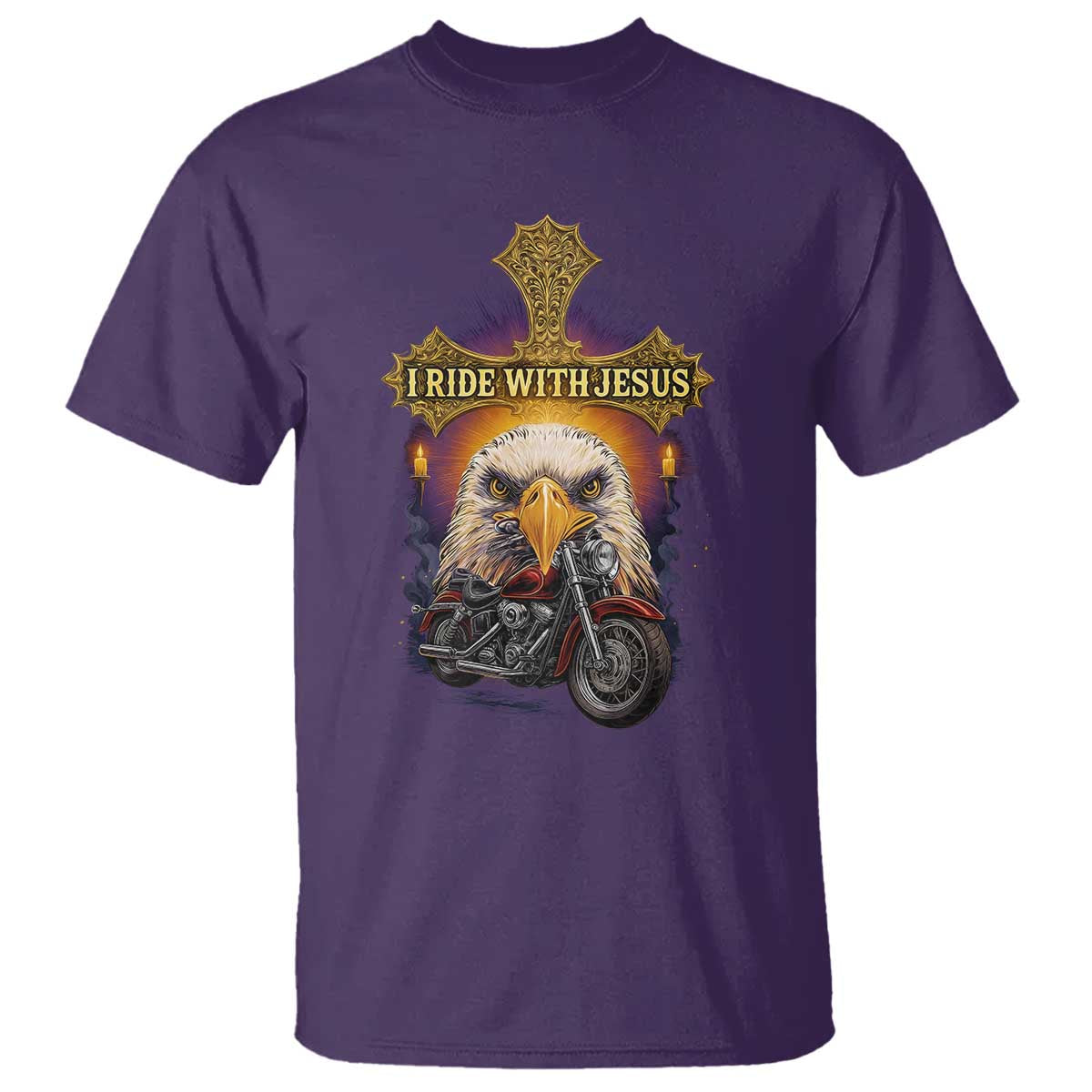 Christian Biker I Ride With Jesus T Shirt Religious Faith Motorcycle Rider Eagle TS11 Purple Print Your Wear