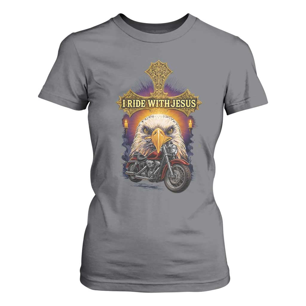Christian Biker I Ride With Jesus T Shirt For Women Religious Faith Motorcycle Rider Eagle TS11 Charcoal Print Your Wear