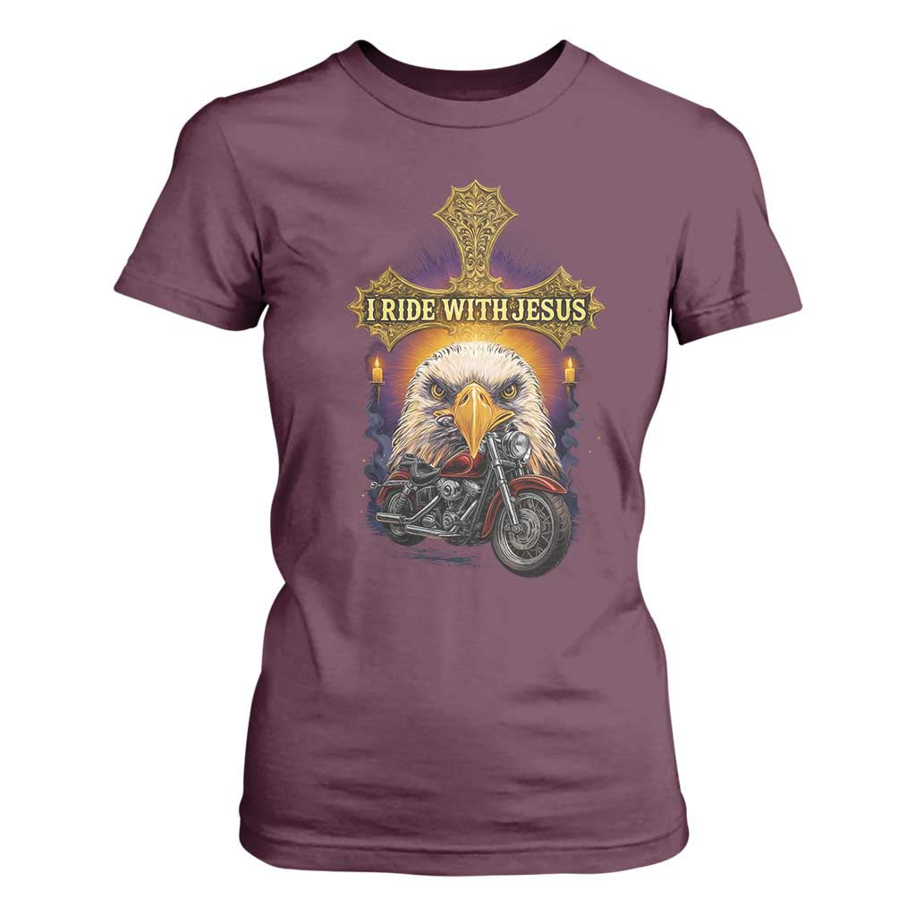 Christian Biker I Ride With Jesus T Shirt For Women Religious Faith Motorcycle Rider Eagle TS11 Maroon Print Your Wear