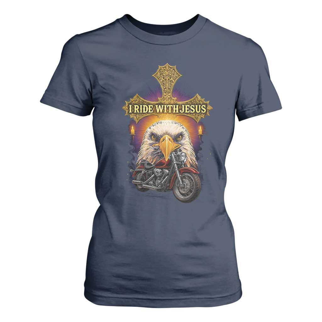 Christian Biker I Ride With Jesus T Shirt For Women Religious Faith Motorcycle Rider Eagle TS11 Navy Print Your Wear