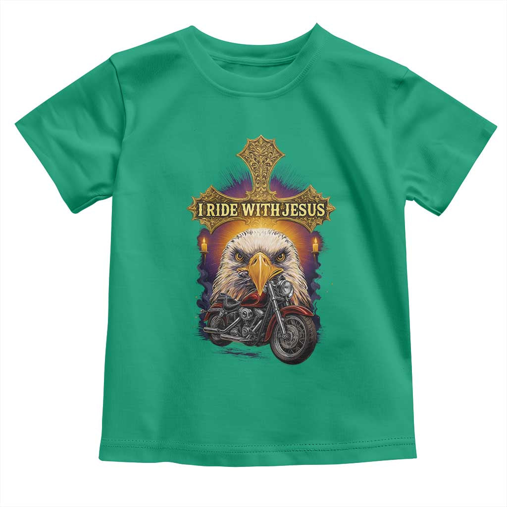 Christian Biker I Ride With Jesus Toddler T Shirt Religious Faith Motorcycle Rider Eagle TS11 Irish Green Print Your Wear