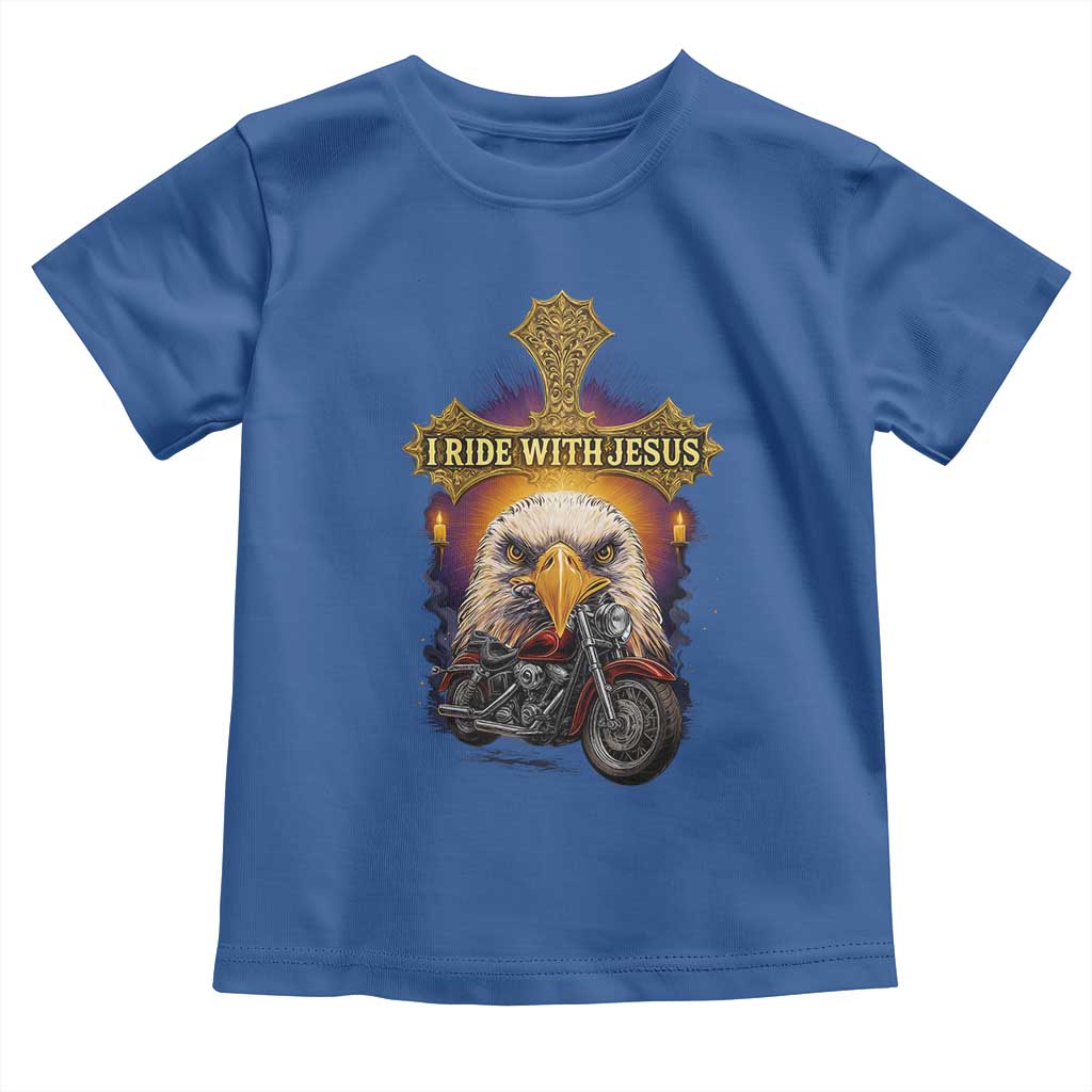 Christian Biker I Ride With Jesus Toddler T Shirt Religious Faith Motorcycle Rider Eagle TS11 Royal Blue Print Your Wear