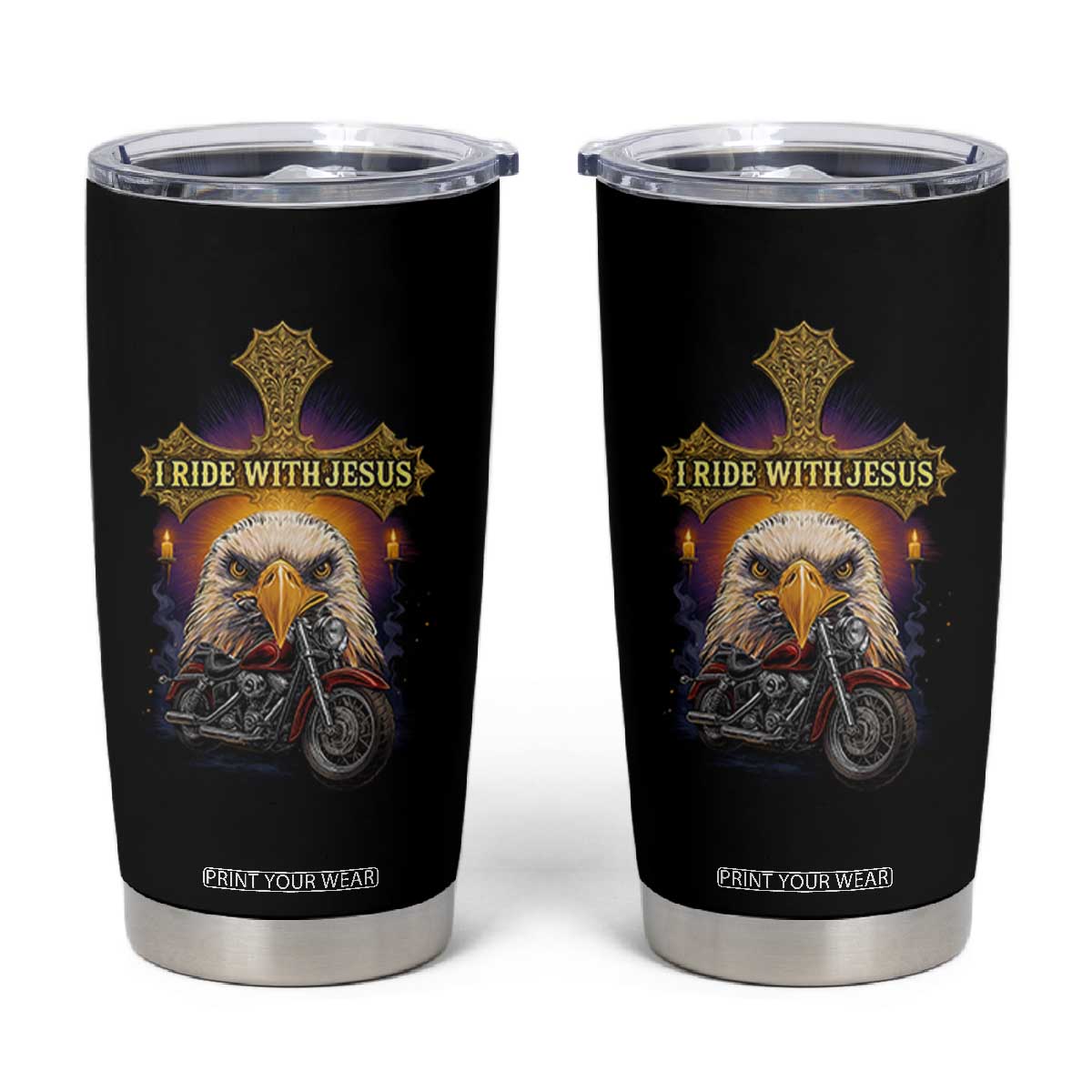 Christian Biker I Ride With Jesus Tumbler Cup Religious Faith Motorcycle Rider Eagle TS11 Black Print Your Wear