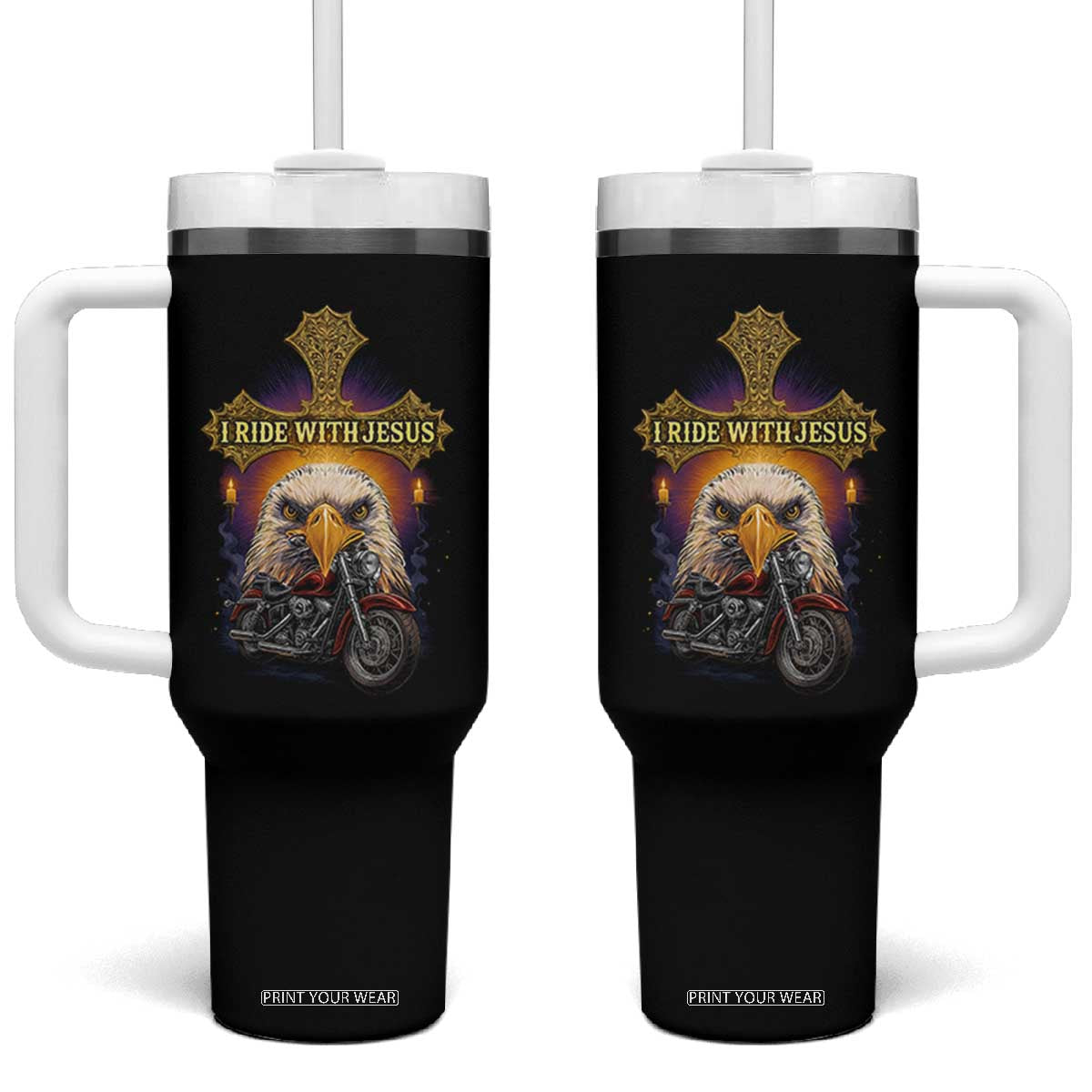 Christian Biker I Ride With Jesus Tumbler With Handle Religious Faith Motorcycle Rider Eagle TS11 One Size: 40 oz Black Print Your Wear