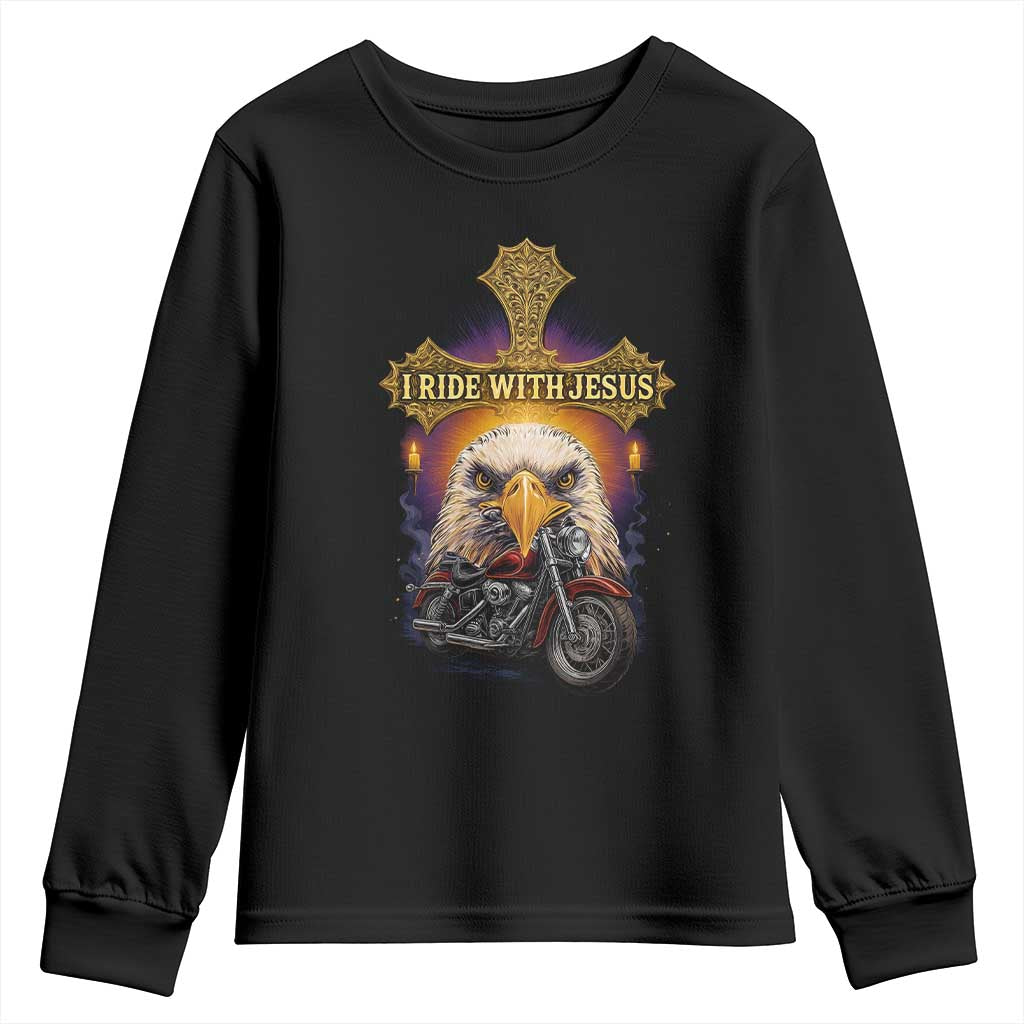 Christian Biker I Ride With Jesus Youth Sweatshirt Religious Faith Motorcycle Rider Eagle TS11 Black Print Your Wear