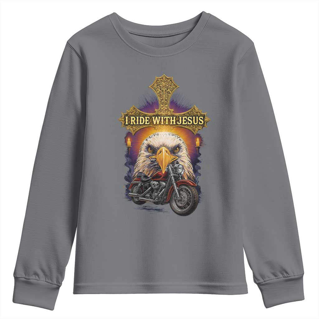 Christian Biker I Ride With Jesus Youth Sweatshirt Religious Faith Motorcycle Rider Eagle TS11 Charcoal Print Your Wear