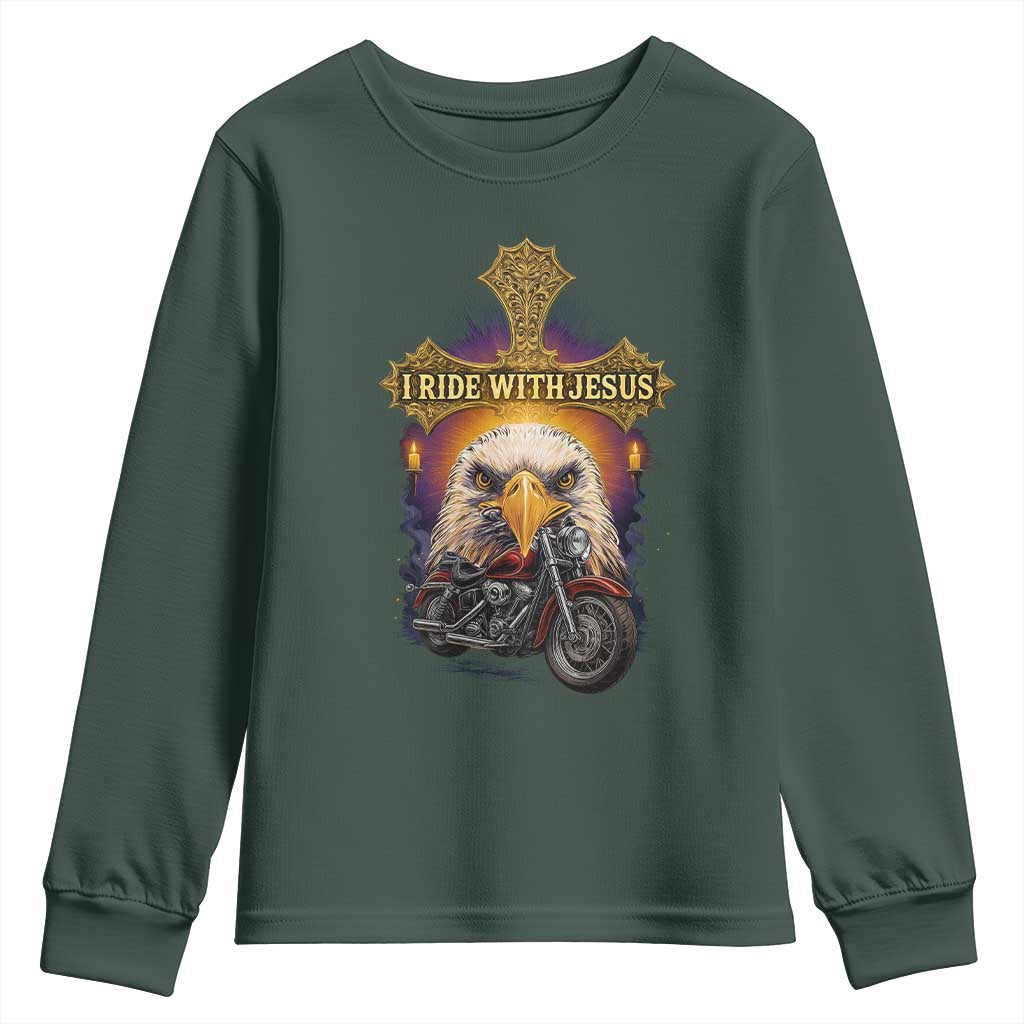 Christian Biker I Ride With Jesus Youth Sweatshirt Religious Faith Motorcycle Rider Eagle TS11 Dark Forest Green Print Your Wear