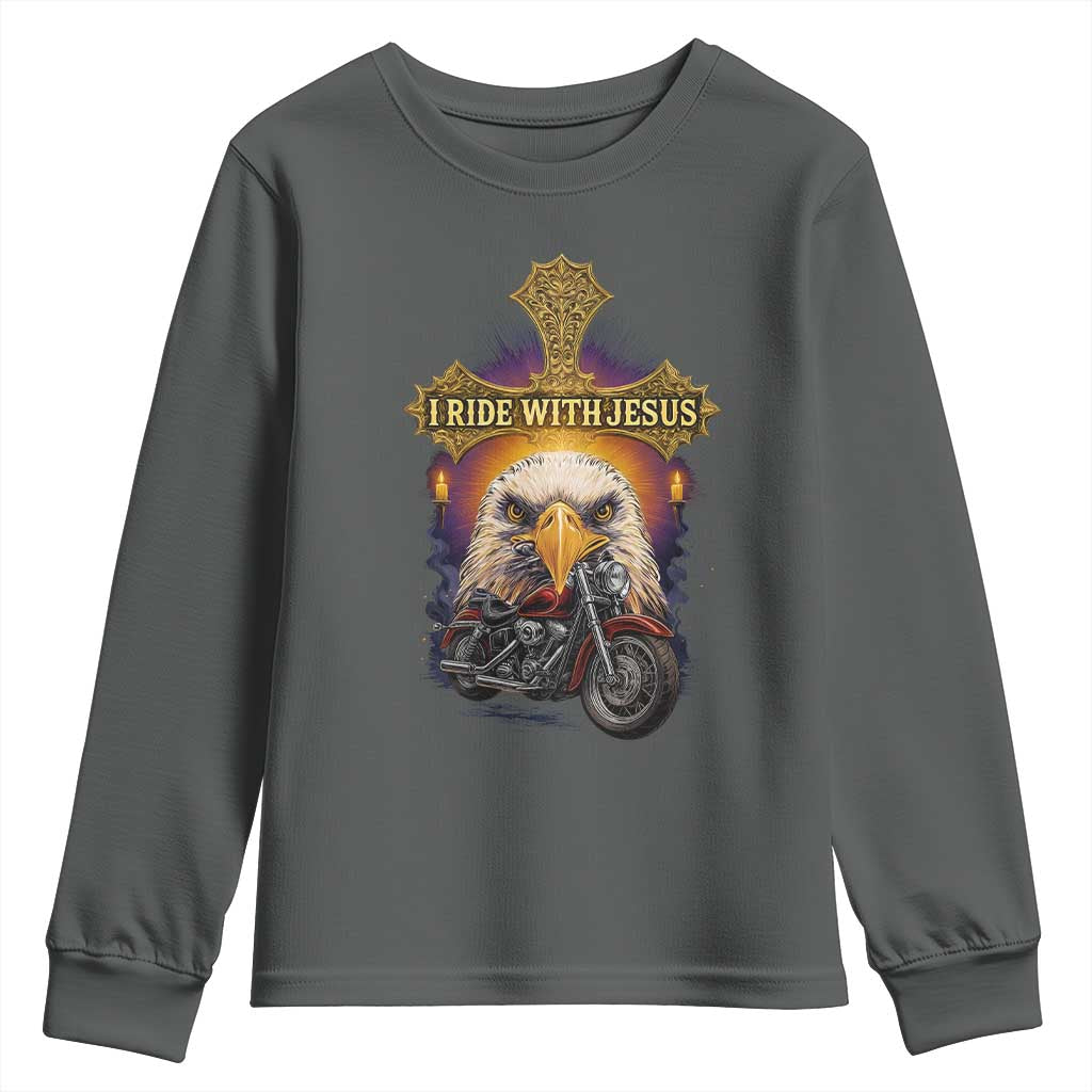 Christian Biker I Ride With Jesus Youth Sweatshirt Religious Faith Motorcycle Rider Eagle TS11 Dark Heather Print Your Wear