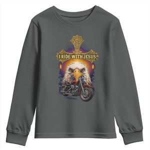 Christian Biker I Ride With Jesus Youth Sweatshirt Religious Faith Motorcycle Rider Eagle TS11 Dark Heather Print Your Wear