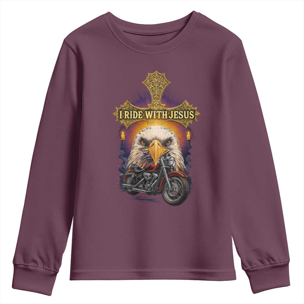 Christian Biker I Ride With Jesus Youth Sweatshirt Religious Faith Motorcycle Rider Eagle TS11 Maroon Print Your Wear