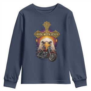 Christian Biker I Ride With Jesus Youth Sweatshirt Religious Faith Motorcycle Rider Eagle TS11 Navy Print Your Wear